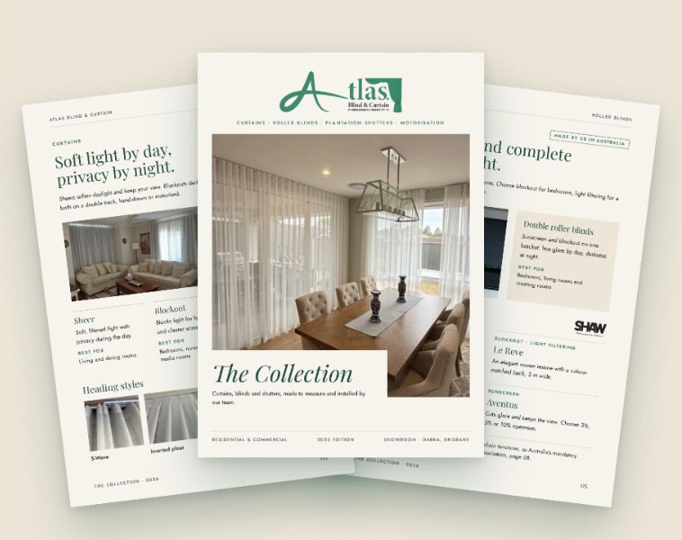 Atlas Magazine, The Collection 2026. Curtains, roller blinds, plantation shutters and motorisation, made to measure in Brisbane.